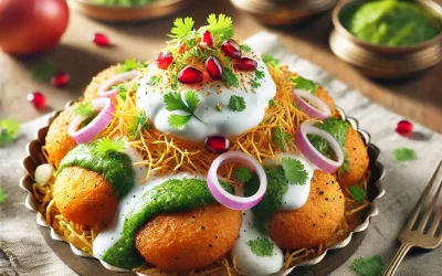 DALL·E 2025-02-22 23.26.08 – A realistic image of Aloo Tikki Chaat, featuring crispy golden-brown aloo tikki topped with yogurt, tamarind chutney, green chutney, sev, chopped onio DALL·E 2025-02-22 23.26.08 - A realistic image of Aloo Tikki Chaat, featuring crispy golden-brown aloo tikki topped with yogurt, tamarind chutney, green chutney, sev, chopped onio
