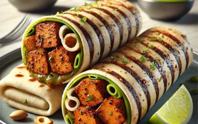 DALL·E 2025-02-22 23.45.19 – A realistic image of Soya Chaap Kathi Roll, featuring two pieces of kathi rolls filled with marinated and grilled soya chaap, wrapped in a soft parath DALL·E 2025-02-22 23.45.19 - A realistic image of Soya Chaap Kathi Roll, featuring two pieces of kathi rolls filled with marinated and grilled soya chaap, wrapped in a soft parath